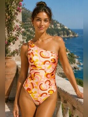Zimmermann Mae Orange Swirl Print One-Shoulder Buckle Swimsuit NWT Size‎ 4